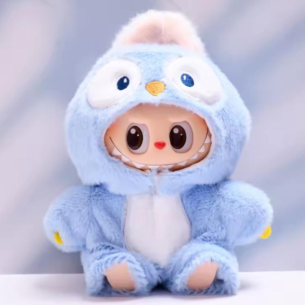 Labubu doll onesie fuzzy animal ears cozy teddy outfit blue white